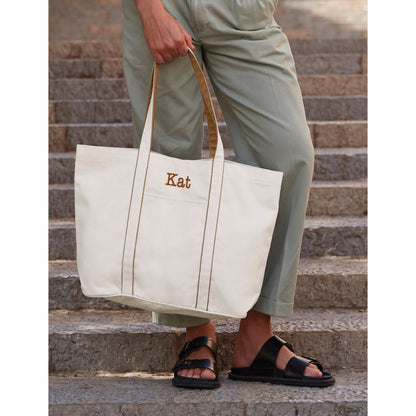 Premium recycled tote bag showing embroidered detail
