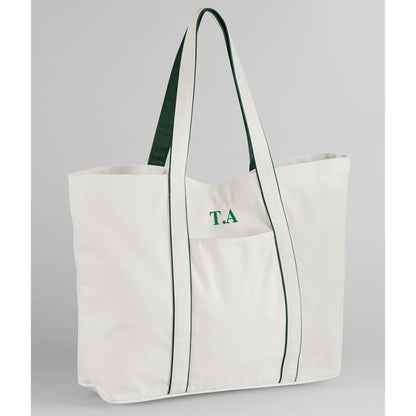 Custom tote bag showing piped base panel and carry handles