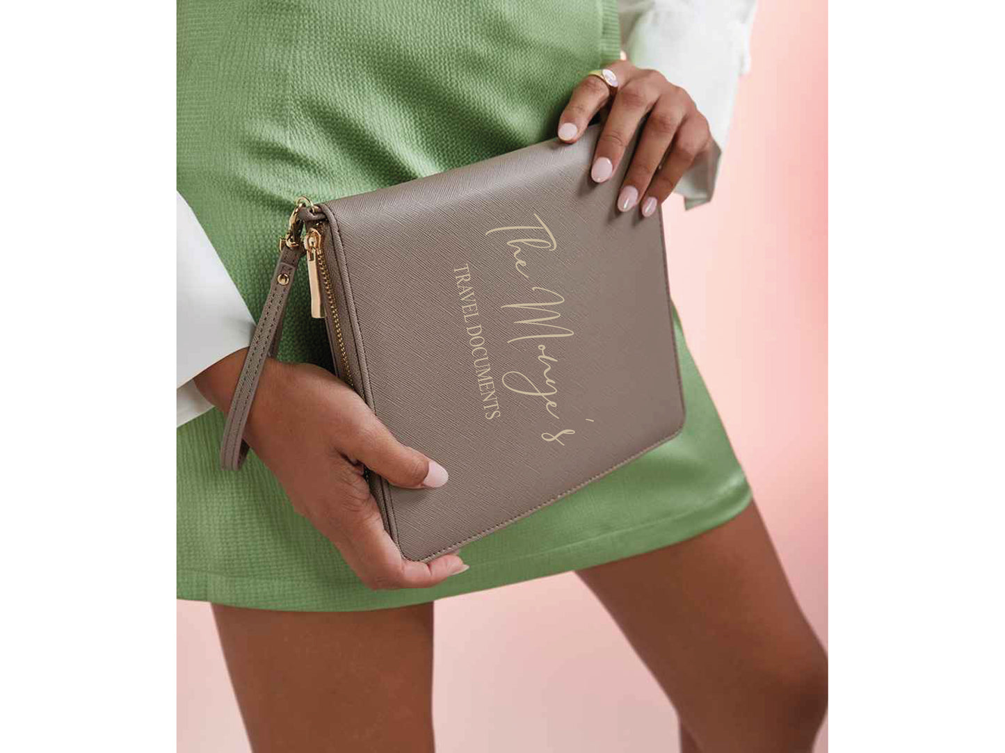 Interior of personalised travel document folder showing card slots and zip compartment