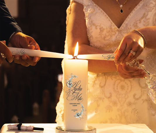 Personalised wedding unity candle set with couple names and venue