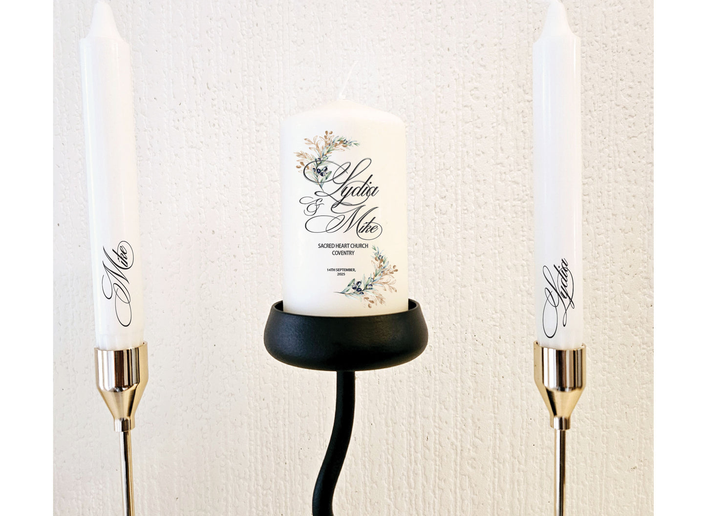 Wedding unity candle set with personalised couple names and date detail
