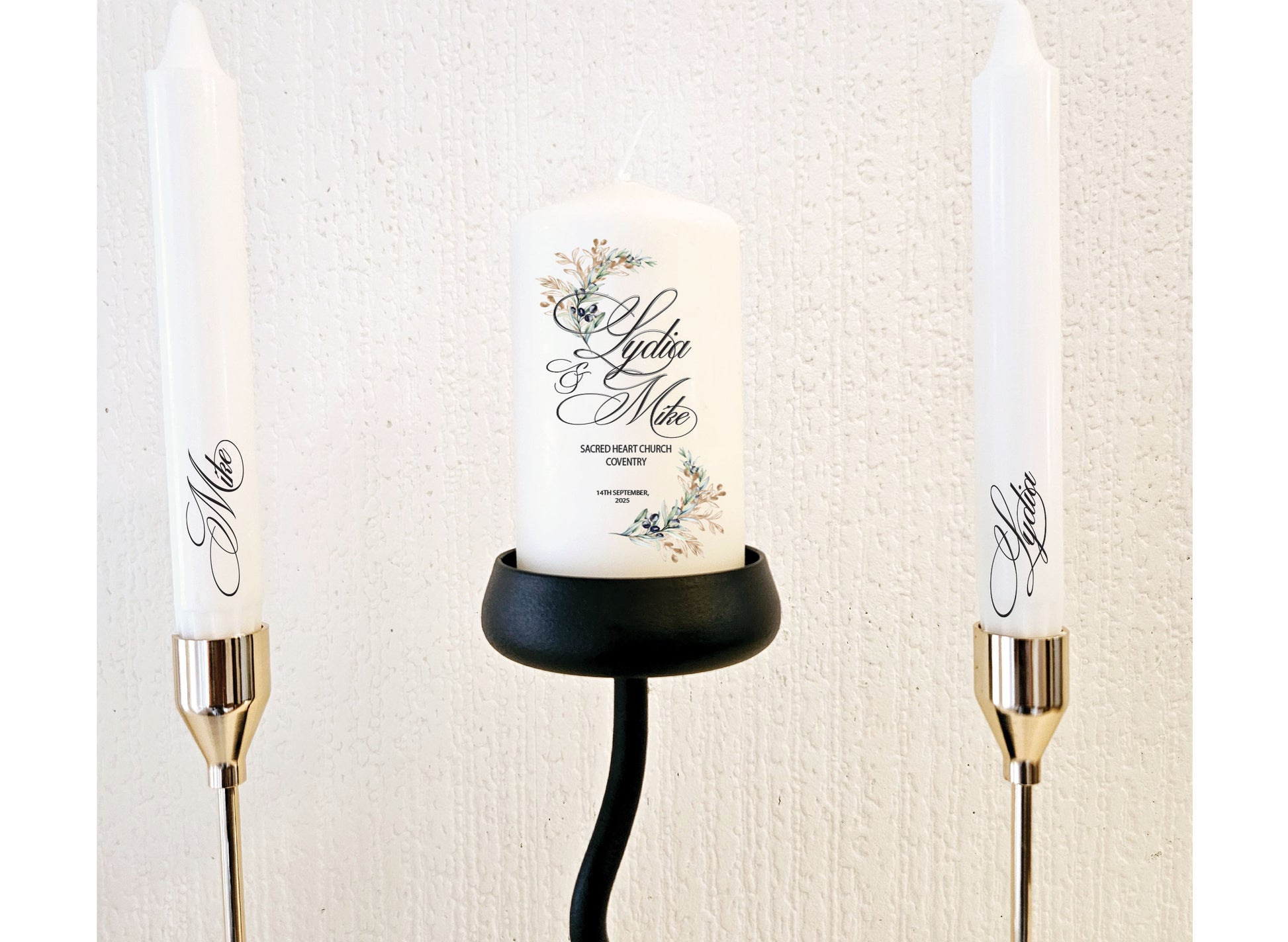 Wedding unity candle set with personalised couple names and date detail