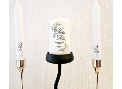 Wedding unity candle set with personalised couple names and date detail