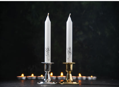 Personalised unity candle set showing pillar and stick candles with names and date