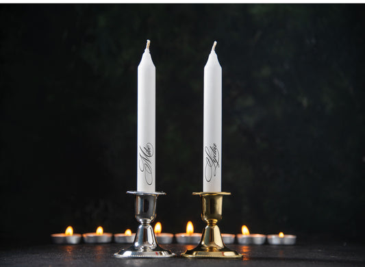 Personalised unity candle set showing pillar and stick candles with names and date