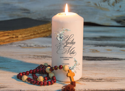 Unity candle set close-up showing custom monogram and venue personalisation