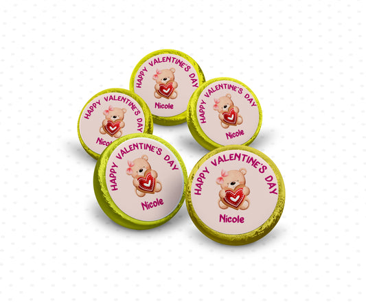 Personalised valentine gold chocolate coin featuring a cute teddy holding a heart figure
