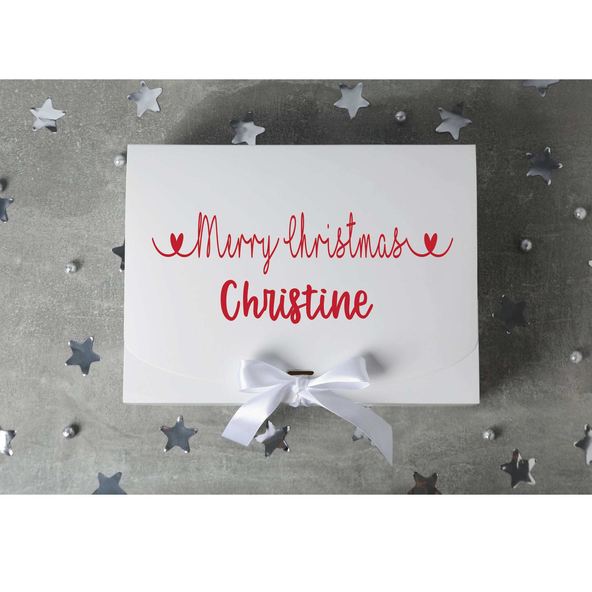 Personalised Christmas gift box with ribbon and custom name in recycled paper