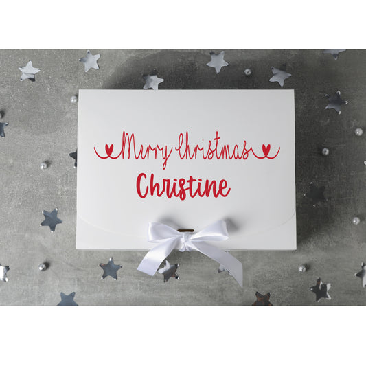 Personalised Christmas gift box with ribbon and custom name in recycled paper