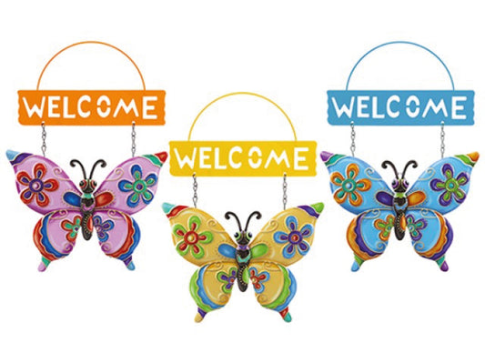 Metal butterfly garden welcome sign with vibrant colours and intricate detailing