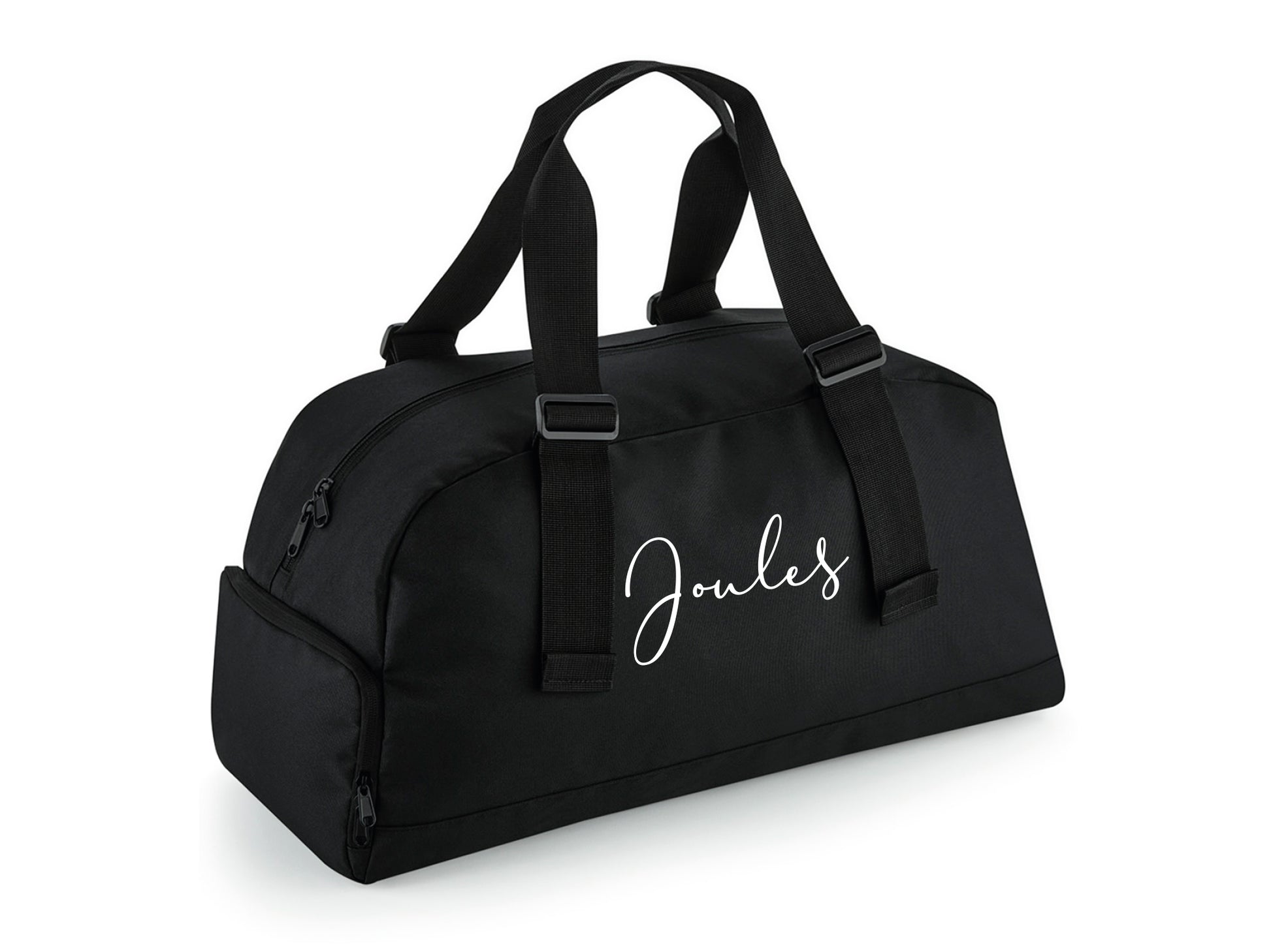 Personalised holdall bag showing adjustable shoulder handles and external pocket
