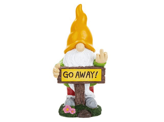 Go Away garden gonk ornament with solar illuminating sign and yellow hat