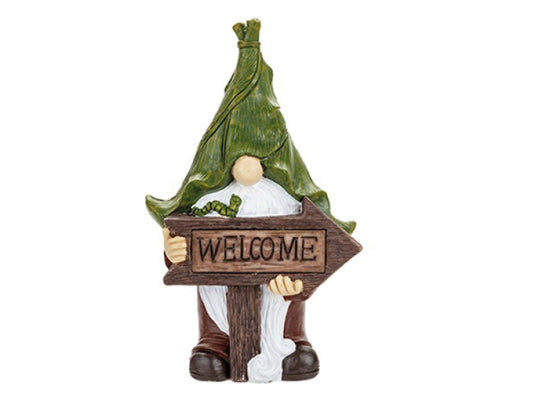 Garden gonk with solar powered welcome sign in leaf green hat