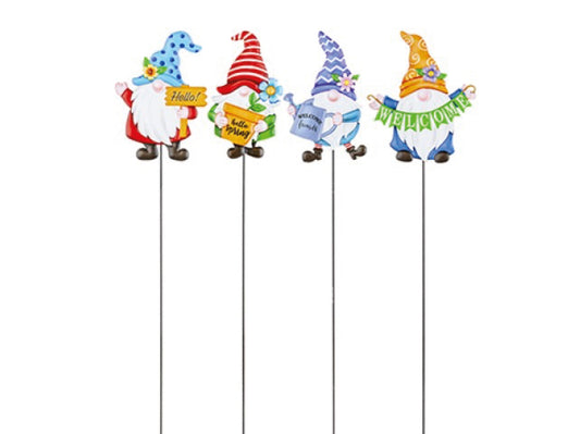 Colourful gonk garden stake ornaments with banner plaques in four designs