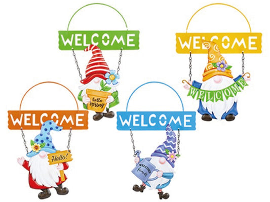 Colourful gonk welcome sign garden ornaments in green yellow orange and blue