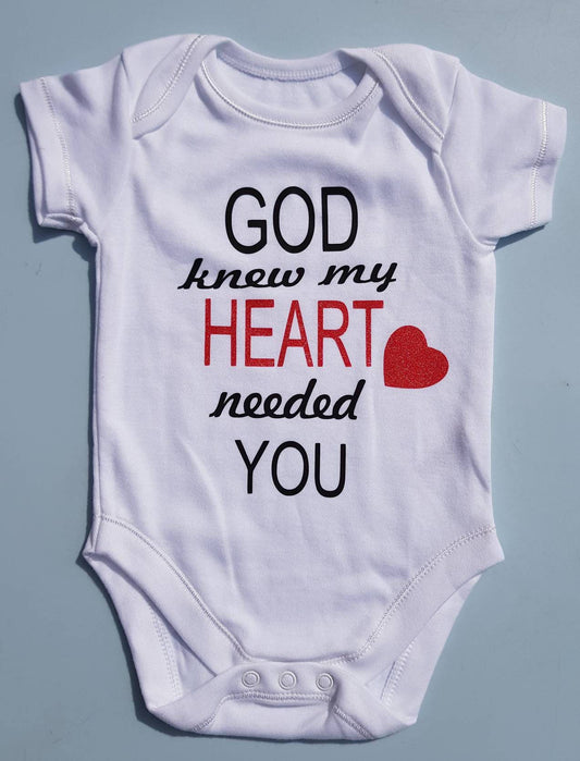 Rainbow baby bodysuit with God Knew My Heart Needed You message in colourful rainbow text
