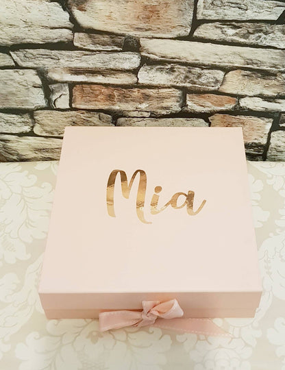 Personalised pink bridesmaid gift box with gold vinyl text and magnetic lid, open to show interior