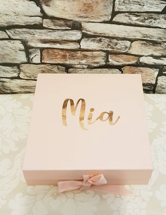 Personalised pink bridesmaid gift box with gold vinyl text and magnetic lid, open to show interior