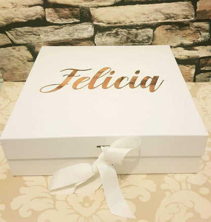 Close-up of self-adhesive vinyl personalisation on luxury magnetic gift box for bridal party