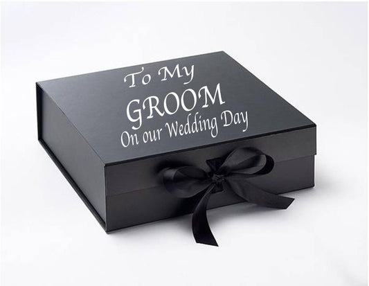 Personalised black groom gift box with magnetic lid ribbon and vinyl name personalisation