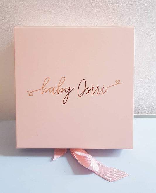 Personalised pink bridesmaid gift box with font choice, magnetic lid and ribbon detail