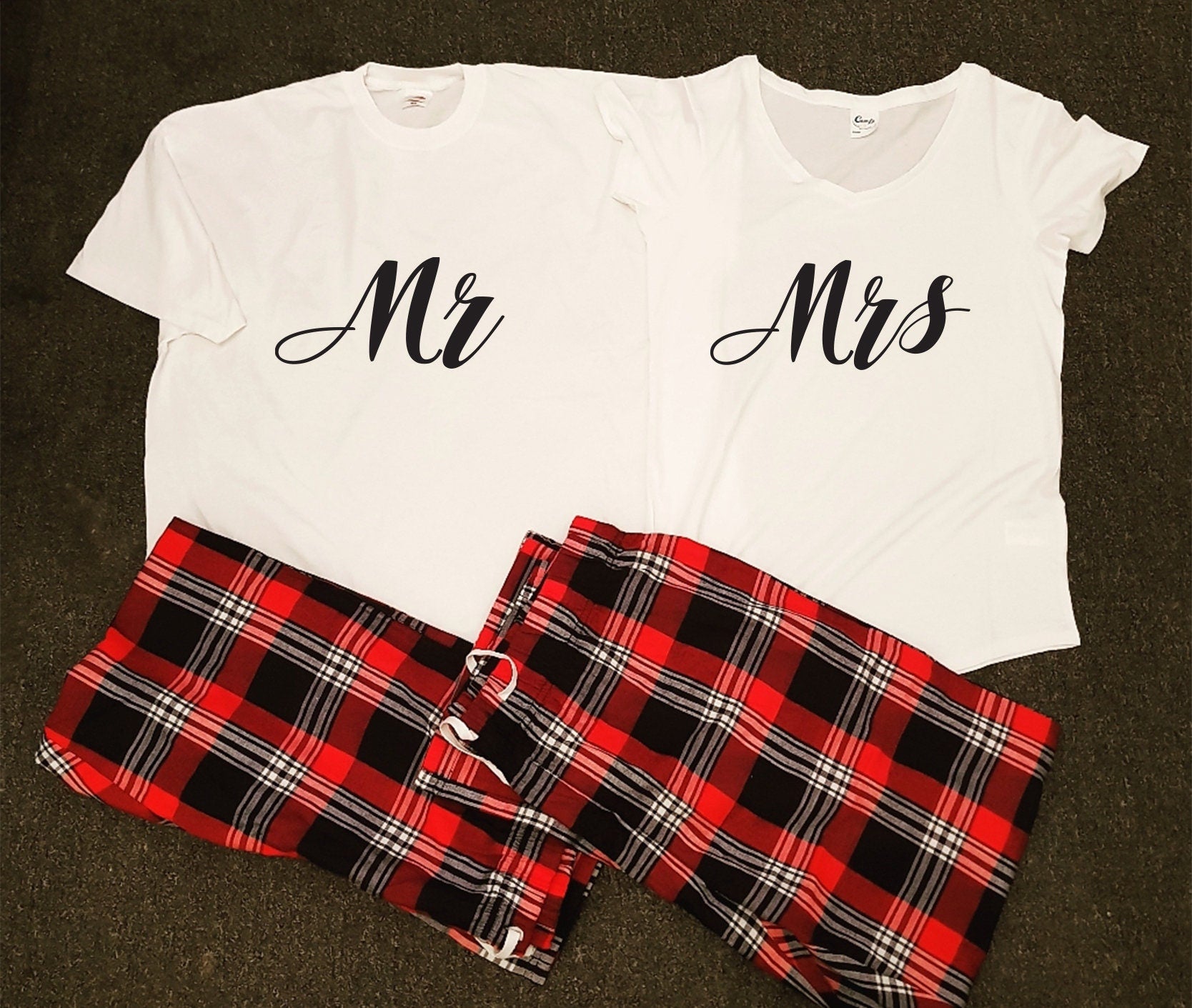 Mr and Mrs matching couple's pyjamas set in cotton, displayed together as a newlywed gift