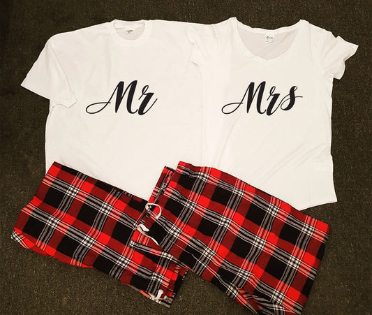 Mr and Mrs matching couple's pyjamas set in cotton, displayed together as a newlywed gift