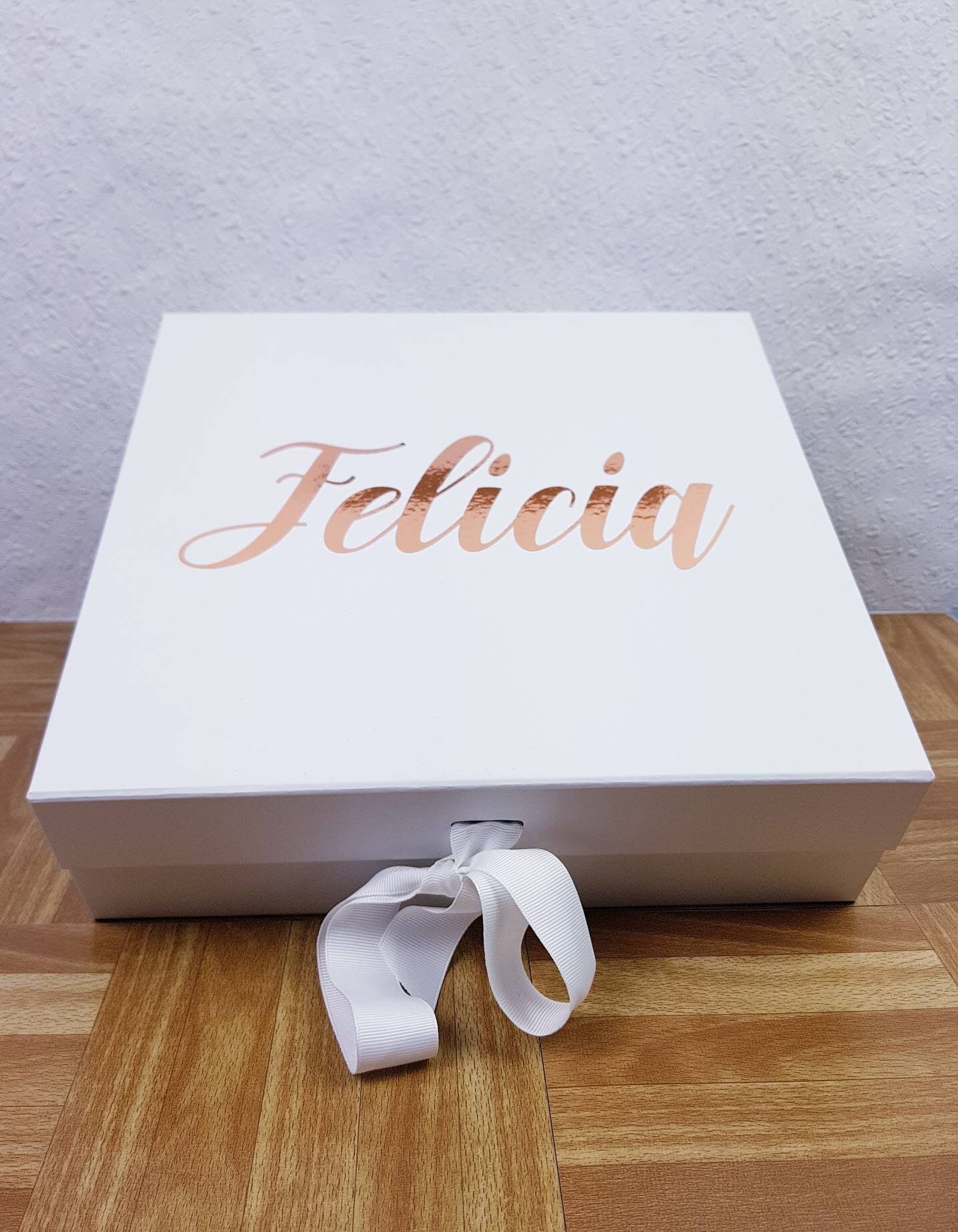 Close-up of self-adhesive vinyl personalisation on large magnetic bridesmaid gift box