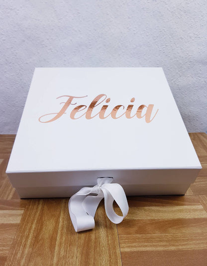 Close-up of self-adhesive vinyl personalisation on large magnetic bridesmaid gift box