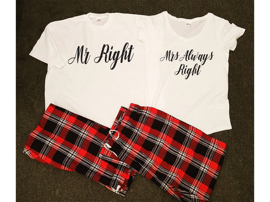 Mr Right Mrs Always Right matching couple's pyjama sets displayed together with tartan trousers