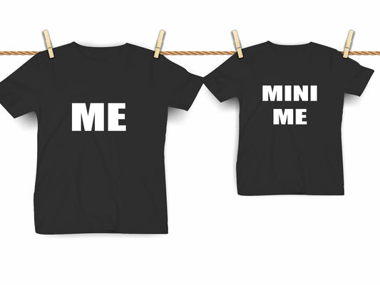 Mini Me and Me matching dad and kids outfit with adult t-shirt and baby bodysuit in black
