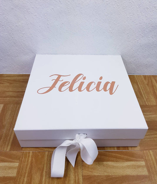 Large personalised pink bridesmaid gift box with silver vinyl text and magnetic lid
