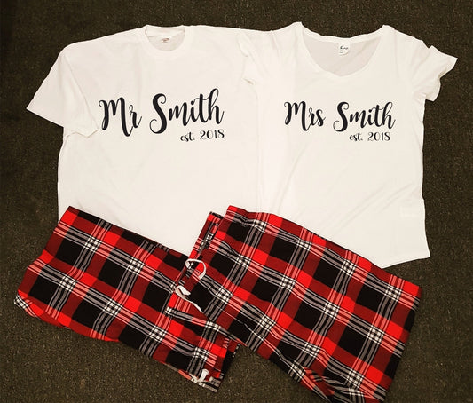 Personalised Mr and Mrs matching tartan pyjamas set with custom name and date personalisation