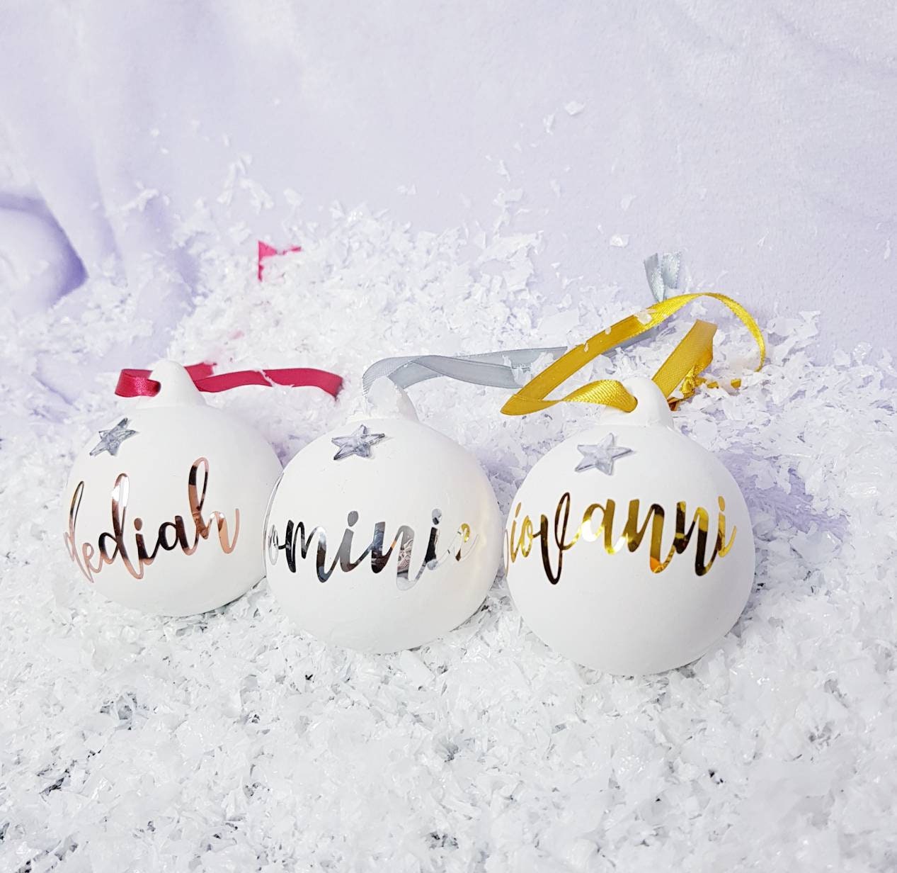 Personalised silver ceramic Christmas bauble with frosted star detail