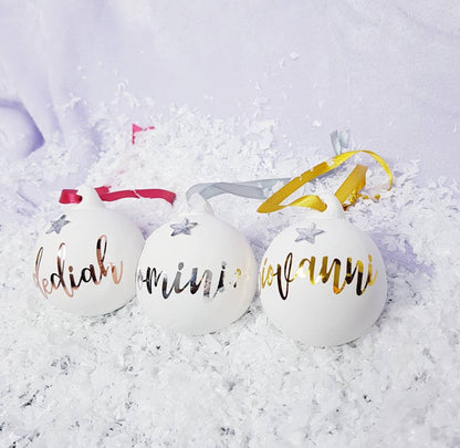 Personalised silver ceramic Christmas bauble with frosted star detail