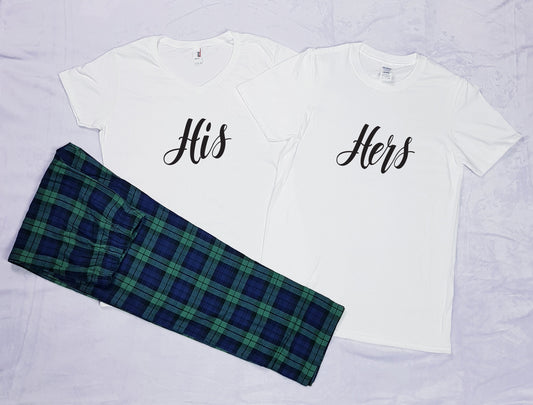 His and Hers matching green tartan pyjamas sets displayed together for couples