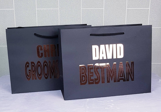 Personalised groomsmen gift bags showing name and role personalisation options