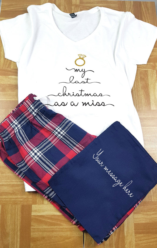 Last Christmas as a Miss red tartan pyjama set with V-neck top and gift pouch