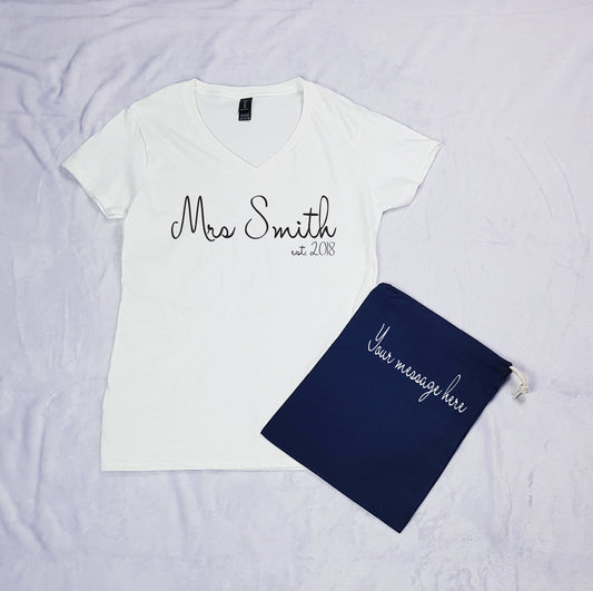 Personalised white bridal t-shirt with custom name and role, paired with matching personalised pouch