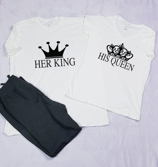 His Queen Her King matching couple's pyjamas set with dark grey ankle-length pants