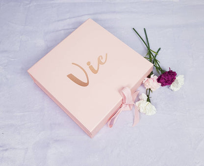 Personalised white bridesmaids gift box with ribbon closure showing custom name and bridal role