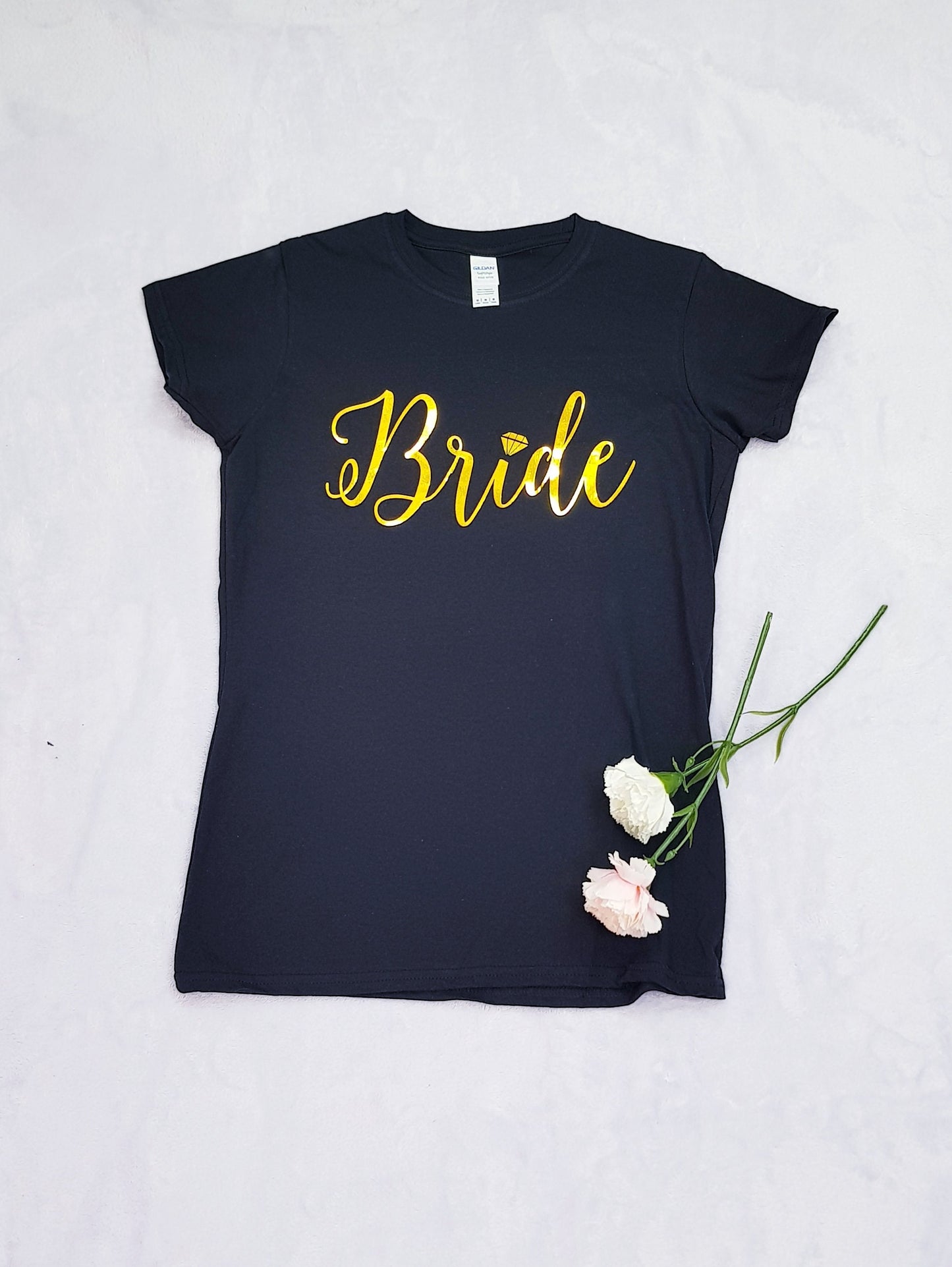 Bride foil t-shirt in white with gold foil text for honeymoon and hen parties