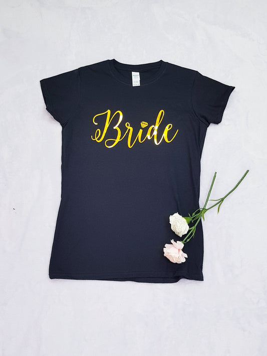 Bride foil t-shirt in white with gold foil text for honeymoon and hen parties