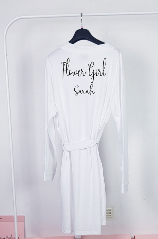 Personalised cotton bridal robe with custom name and role for wedding morning getting ready