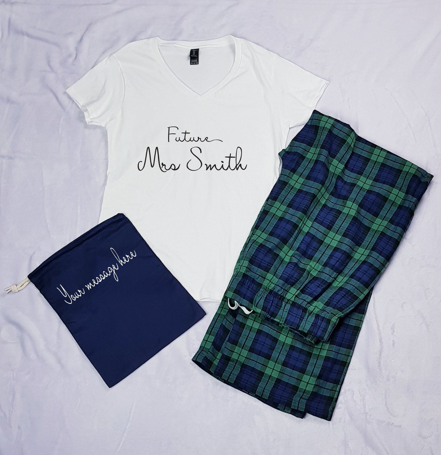 Personalised Future Mrs tartan pyjamas set with white t-shirt, tartan trousers and navy pouch