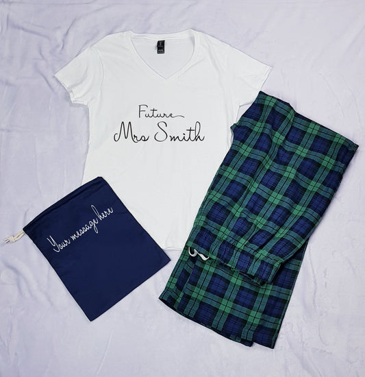 Personalised Future Mrs tartan pyjamas set with white t-shirt, tartan trousers and navy pouch