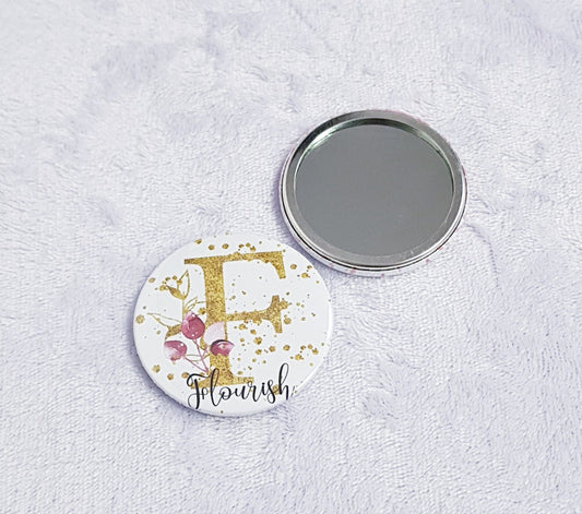 Personalised gold floral initial compact mirror with elegant design and custom name