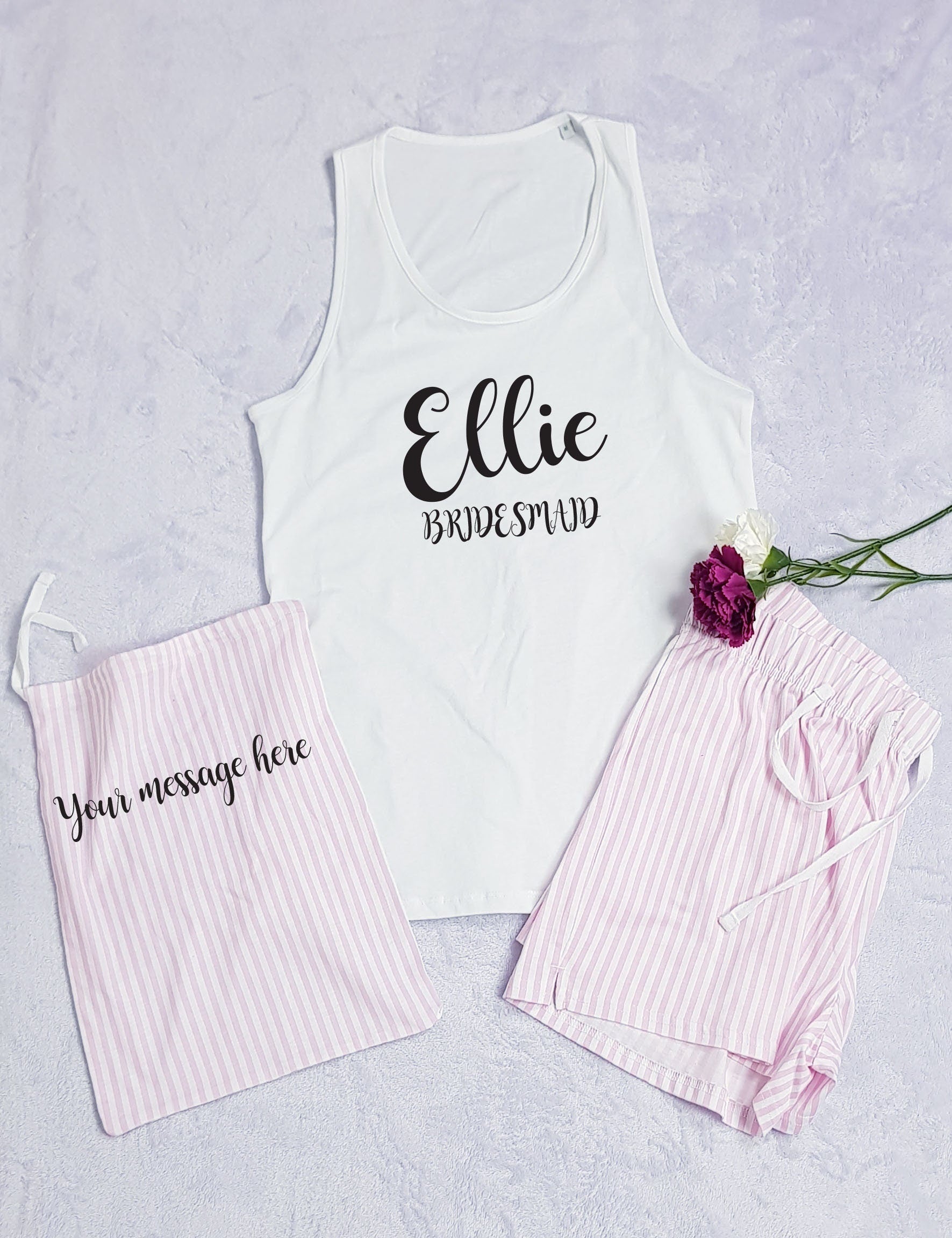 Personalised bridal pyjama shorts set showing name and role vinyl personalisation detail