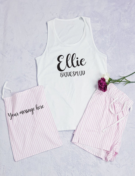 Personalised bridal pyjama shorts set showing name and role vinyl personalisation detail