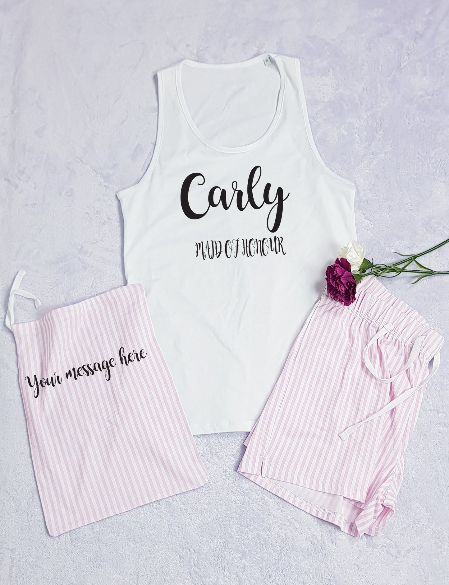 Matching personalised pouch included with pink bride pyjama short set